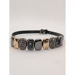 Alexis Bittar Crystal Embellished Three Tone Metal Black Leather Bracelet Choker